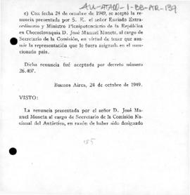 Argentina, Decree no. 26,407 accepting the resignation of Sr. D José Manuel Moneta as secretary o...