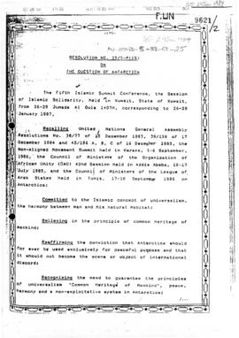 Fifth Islamic Summit Conference Resolution no. 25/S-P(IS) on the Question of Antarctica