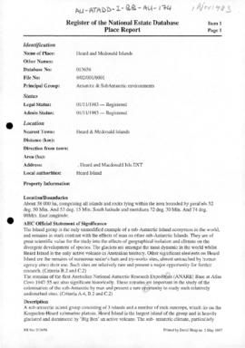 Entry for Heard Island and McDonald Islands on the Register of the National Estate