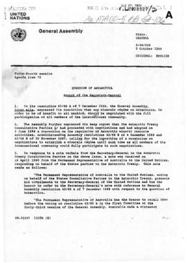 United Nations, "Question of Antarctica", various documents from General Assembly Forty...