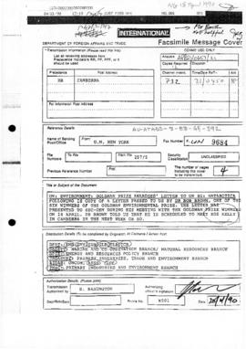 Australia, Department of Foreign Affairs and Trade, facsimile concerning award of Goldman Environ...