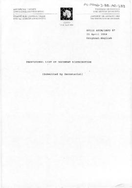 Eighteenth Antarctic Treaty Consultative Meeting, Kyoto, Information paper 87 "Provisional l...