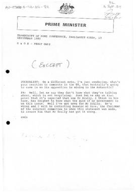 Australia, Prime Minister Bob Hawke, Transcript of News Conference, Parliament House, Canberra; a...