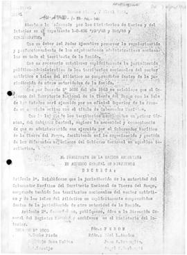 Argentina. Decree No. 9905 establishing the administrative unit of the Argentine Antarctic Sector...