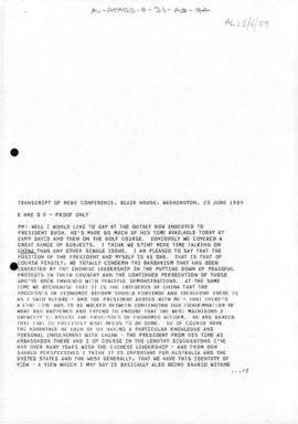 Australia, Prime Minister Bob Hawke, Transcript of News Conference, Blair House, Washington, Unit...