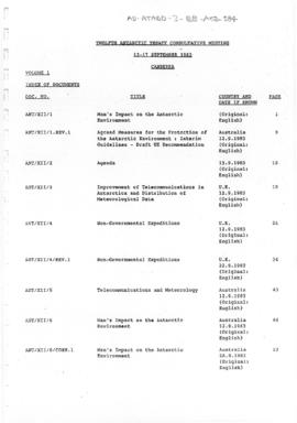 Twelfth Antarctic Treaty Consultative Meeting (Canberra) Non-paper "Index of documents"...