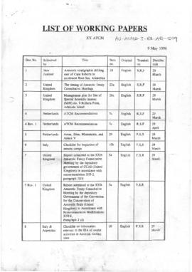 Twentieth Antarctic Treaty Consultative Meeting (Utrecht) Non-paper "List of Working Papers&...