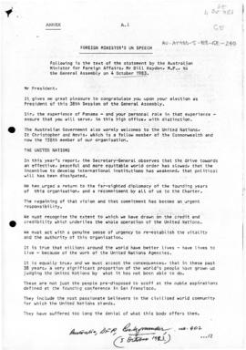 Australia, Foreign Minister Bill Hayden "Foreign Minister's UN speech", Department of F...