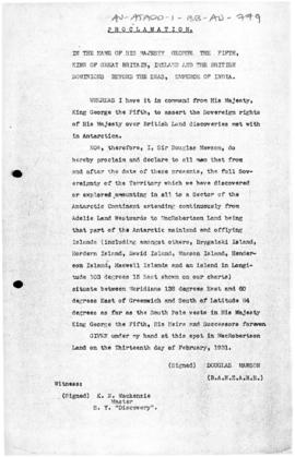 Proclamation read by Douglas Mawson at Scullin Monolith, Mac. Robertson Land  during the second B...