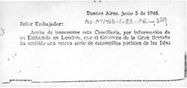 Argentine note to UK concerning British stamps for the Falkland Islands