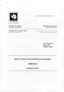 Twentieth Antarctic Treaty Consultative Meeting (Utrecht) Information paper 57 "Opening addr...