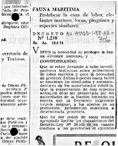 Decree no. 1,216 prohibiting the hunting of sea leopards, elephant seals, seals, penguins and sim...