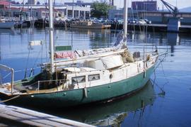 Sailing boat moored in Hobart, 1950s