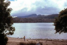 View of shoreline of Lake St Clair looking to Mount Olympus