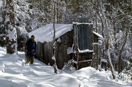 Skier at trappers hut