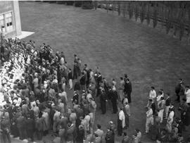 Staff meeting outside Cadbury's factory