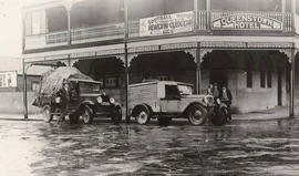 View of motor vehicles outside the Queenstown Hotel, Queenstown, Tasmania